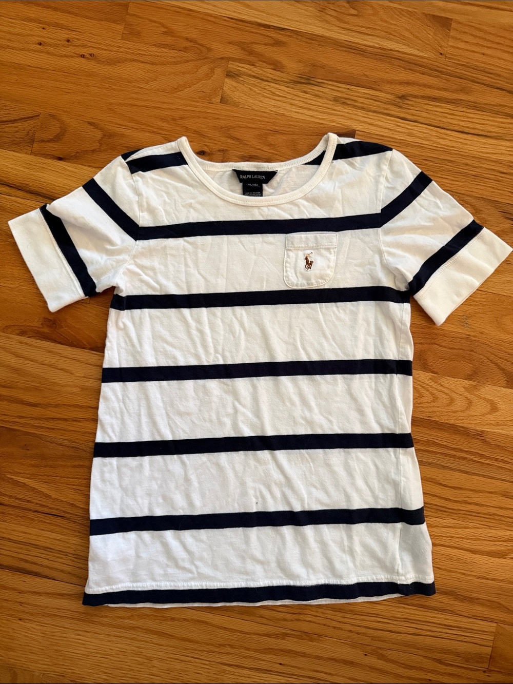 Ralph Lauren Kids White & Navy Striped Pocket Tee Shirt